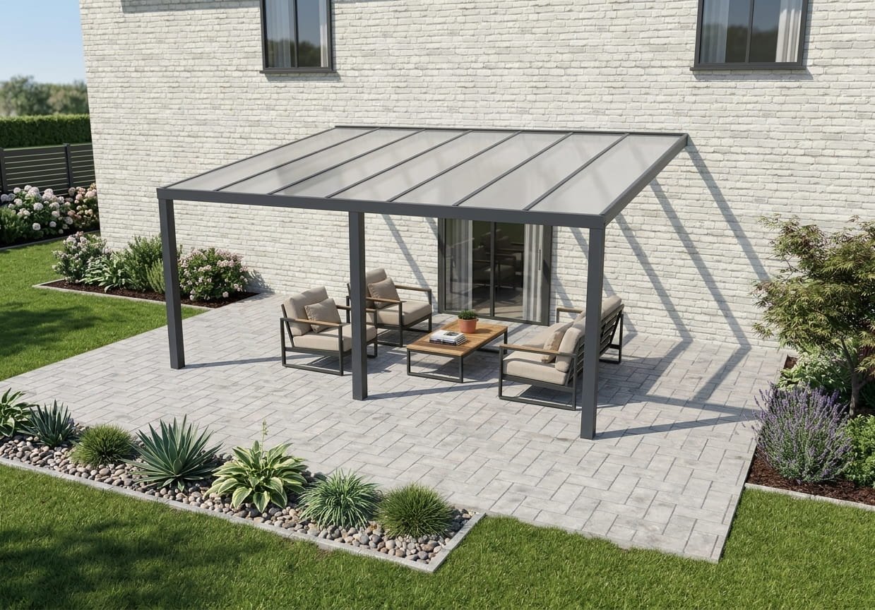 Montierte Terrassenüberdachung aus Aluminium in Anthrazit